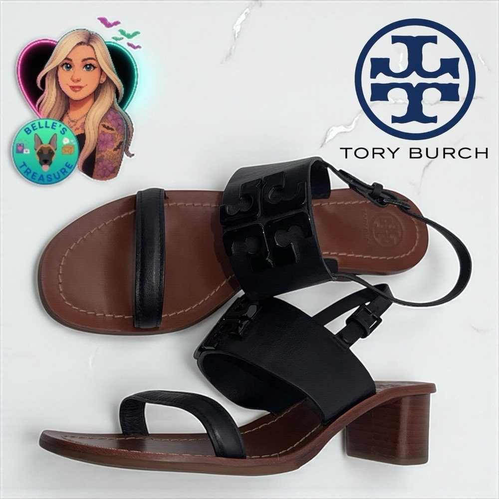 Tory Burch Lowell 2 45mm Womens Slingback 9M Black Leather Heeled Sandal 46256